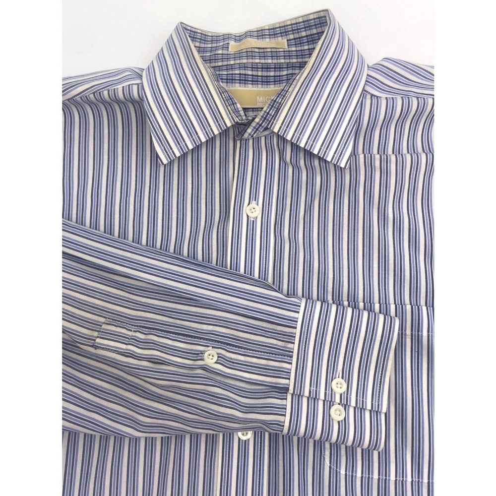 Michael Kors Mens Blue White Striped Regular Fit Cotton Dress Shirt 16.5 34/35 L